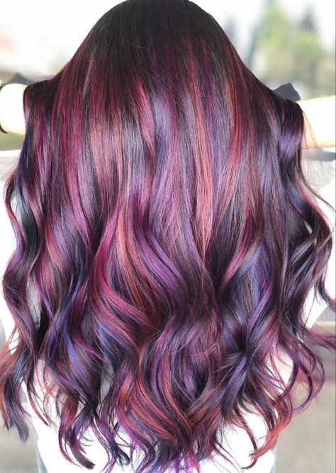 Dark Spring Hair, Multicolored Highlights, Joico Color Intensity, Red Purple Hair, Dark Spring, Purple Hair Highlights, Balayage Ideas, Magenta Hair, Joico Color