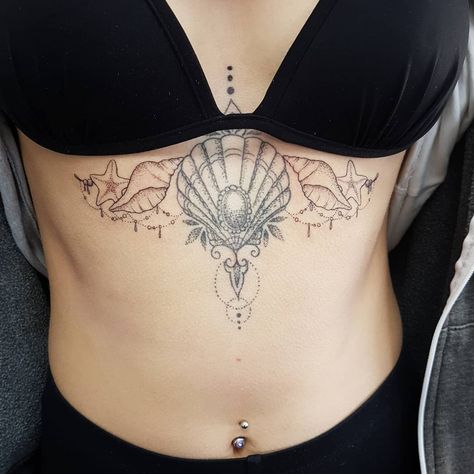 Seashells Sternum Tattoo | Tattoo Ideas and Inspiration Jewlery Tattoo, Sternum Tattoo Design, Grace Tattoos, Seashell Tattoos, Shell Tattoos, Boho Tattoos, Small Pretty Tattoos, Inspiration Tattoos, Pretty Tattoos For Women