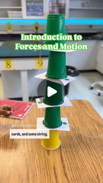 Mrs. Barron | MS Science Teacher on Instagram: "Introduction to Inertia! This is a great activity for Newton’s 1st Law of Motion. You have to try it!✨  All you need are some index cards, string, and plastic cups. For a group of 4 students you will need 4 index cards and 5 cups.   I got this idea from @mrsnelsonsmiddles 😃   Tip: use the hole punch reinforcement stickers to help your cards last year after year.   #iteachscience #iteach6th #scienceactivity #middleschoolscienceteacher #teachersofinstagram #teacherlife #science #igteacher #iteach8th #teachersfollowteachers #teachersfollowingteachers #iteachtoo #classroominspiration #survivingmsscience #teacher #secondaryteacher #classroomideas #educatorsofinstagram #firstyearteacher #studentteacher #teacherinspiration #teacherblogger #middlesc Newtons Laws Of Motion Poster Project, Newtons Laws Of Motion Activities, Newton Laws Of Motion Projects, Newton's Third Law Of Motion, Newton's First Law Of Motion, Newtons Third Law Of Motion, Newton's Third Law, Motion Activities, Newtons Laws Of Motion