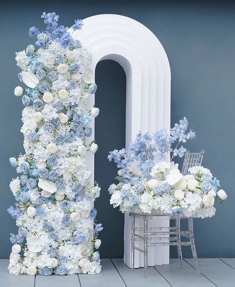 A handcrafted creation can be added to any event. No assembly required, place wherever you like. Add a popular element to your wedding venue, Valentine's Day decoration, business dinner and other events. It gives people a luxurious and romantic feeling and brings an unforgettable experience to your friends. White And Blue Engagement Party, Wedding Backdrop Arch, Blue And White Roses, Pink Flower Arrangements, Backdrop Arch, White Flower Arrangements, White Roses Wedding, Wedding Flower Packages, Diy Wedding Backdrop