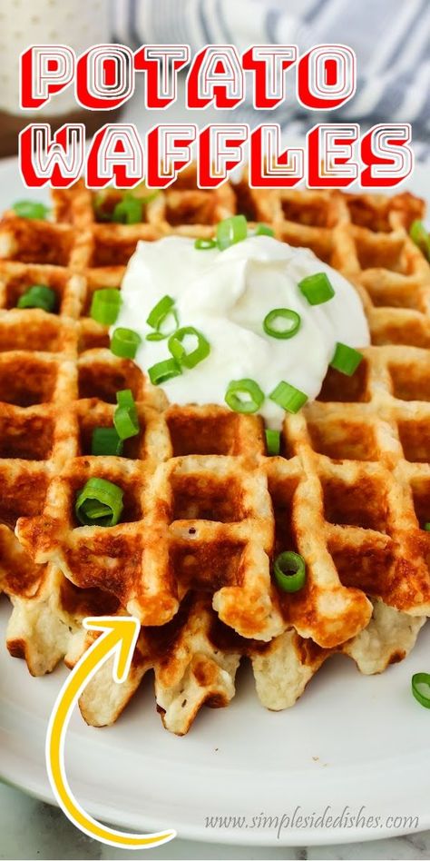 Potato waffles are a great way to use leftover mashed potatoes, and a waffle shape is such a fun way to serve food! #potatowaffles #mashedpotatowaffles #potatowafflerecipe #leftovermashedpotatorecipe #mashedpotatos #recipe #simplesidedishes Mashed Potato Waffles, Potato Waffle Recipe, Gluten Free Bisquick, Healthy Waffles, Potato Waffles, How To Make Potatoes, Potato Toppings, Making Mashed Potatoes, Leftover Mashed Potatoes