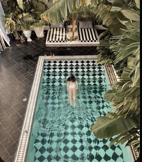 Checkerboard Pool Tile, Black And White Pool Tile Waterline, Checkered Pool, Black And White Pool, Vintage Swimming Pool, Painted Pool, Moroccan Pool, Art Deco Pool, Basement Pool