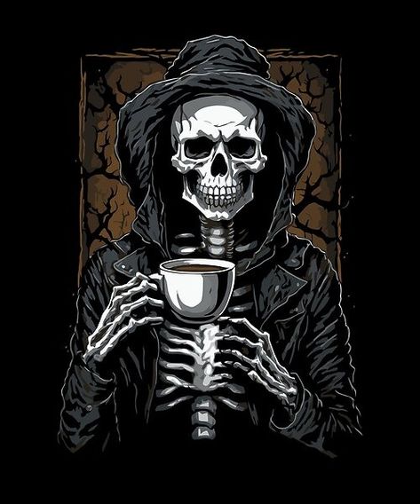 See a spooky skeleton enjoying coffee. This eerie and fun design combines Halloween vibes with a love for coffee, perfect for those who enjoy a spooky twist on their favorite drink. Coffee Skeleton, Spooky Skeleton, Dark Artwork, Coffee Pictures, Halloween Vibes, Tshirt Crafts, Halloween Coffee, Good Morning Messages, Morning Messages