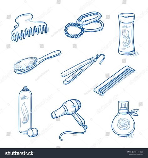 Set of hair care and hair styling objects: comb, brush, hair dryer, straightening iron, spray, shampoo, clip and perfume. Hand drawn blue line art cartoon vector illustration. #Ad , #SPONSORED, #dryer#brush#straightening#spray Hair Clip Drawing Reference, Hair Clip Illustration, Hair Care Illustration, Shampoo Drawing, Hair Brush Drawing, Hair Dryer Drawing, Daily Objects Sketches, Hair Clip Drawing, Comb Illustration