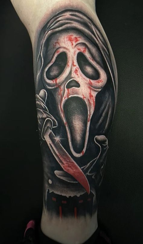 Female Ghostface Tattoo, Ghostface Forearm Tattoo, Horror Back Tattoo Women, Ghostface Arm Tattoo, Thirteen Ghosts Tattoo, Horror Forearm Tattoo, Horror Tattoo Designs Drawings, Mike Myers Tattoo, Scream Face Tattoo