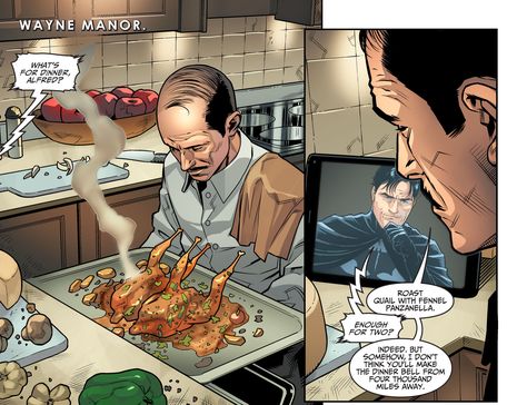 Cute moment between Bruce and Alfred.  From Injustice Gods Among Us  comics. Alfred And Bruce, Bruce And Alfred, Roasted Quail, Injustice Gods Among Us, Wayne Manor, Thomas Wayne, Year 5, Among Us, Graphic Novel