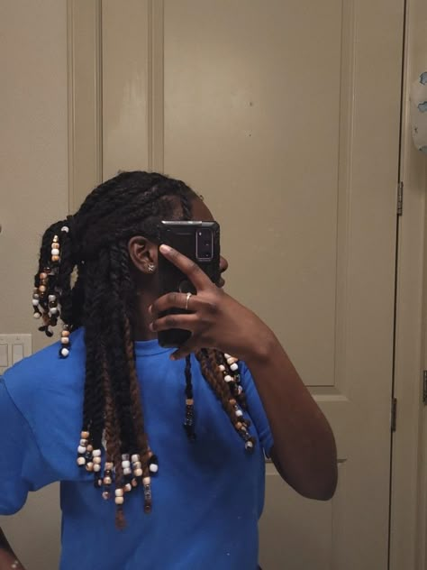 Black girl, black hairstyles,  Marley twist, beads, brown beads, claw clip hairstyles Passion Twists Hairstyle With Beads, Marley Twists With Beads, Marley Twists Styles, Passion Twists With Beads, Twist With Beads, Twists With Beads, Marley Twist Hairstyles, Black Kids Braids Hairstyles, Hair Knot