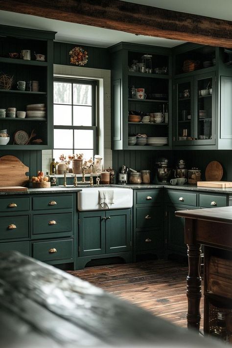 Explore 30 Stunning Dark Rustic Kitchens – Perfect Blend of Tradition & Modernity Modern Rustic Green Kitchen, Green Kitchen Cabinets Butcher Block, Dark Cottagecore Kitchen, Woodsy Kitchen, Blue Green Kitchen, Country Kitchen Ideas, Green Kitchens, Kitchen Color Palettes, Rustic Kitchens