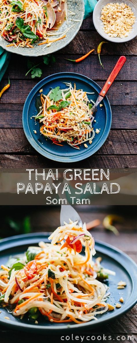 This Thai Green Papaya Salad or Som Tam is a simple healthy and authentic recipe that's packed with flavor. #easy #recipe #healthy #thai #papaya #salad | ColeyCooks. Thai Salad Recipes, Papaya Recipes, Green Papaya Salad, Thai Salads, Green Papaya, Papaya Salad, Recipe Healthy, Authentic Recipes, Fresh Salads