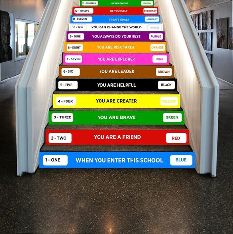 School Steps Decor, Primary School Classroom Design, Play School Decor Ideas, School Stairs Decoration, School Stairs, Stairs Height, Stair Decals, Seasons Months, Stair Stickers