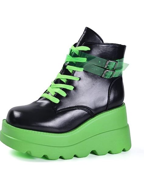 Black and green ankle high platform boots Holographic Boots, Goth Platform Boots, Goth Platforms, Black Holographic, Heel Boots For Women, Chunky Heel Boots, Platform Shoes Heels, Luxury Boots, Frankie Stein