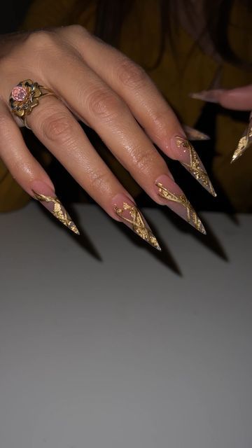 Clear Stilletos Nails, Clear Gold Nails, Coffin And Stiletto Nails Mixed, Incapcilated Nails, Stiletto Gold Nails, Mixed Nail Designs, Clear Tip Nails, Over The Top Nails, Gold Nails Stiletto