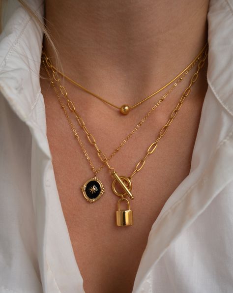 Tomboy Necklace, Black And Gold Jewelry, Jewelry Stack, Stacked Jewelry, Black Enamel, Steel Water, Necklace Length, Necklace Gold, Vintage Necklace