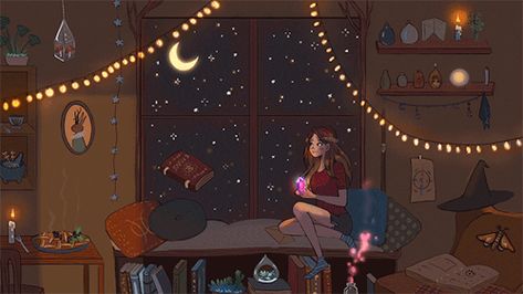 Debbie Balboa Witchy Gifs, Debbie Balboa, Moon Room, Witchy Room, Animation Artwork, Animated Love Images, Art Et Illustration, Witch Art, Dessin Adorable