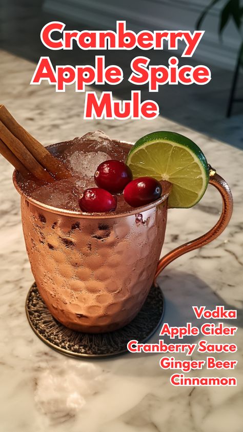 Cranberry Apple Spice Mule Fall Mule Drink Recipes, Vodka Apple Cider, Mule Variations, Thanksgiving Apple Cider, Cranberry Cocktails, Cranberry Cocktail Recipe, Cranberry Moscow Mule, Cocktail Cards, Ginger Beer Cocktail