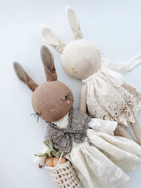 Handmade linen bunnies Animal Stuffy Pattern, Linen Doll Pattern, Linen Toys Handmade, Bunny Dolls Handmade, Handmade Bunny Doll, Bunny Pattern Sewing Free, Bunny Doll Pattern Free Sewing, Sewn Bunny, Rag Doll Bunny