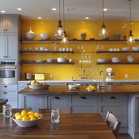 8+ Modern Painting Kitchen Cabinets Ideas with Gray and Yellow Tones • 333k+ Inspiring Lifestyle Ideas Yellow And Gray Kitchen Ideas, Grey And Yellow Kitchen, Painting Kitchen Cabinets Ideas, Blue And Yellow Kitchen, Pale Yellow Kitchens, Kitchen Shelf Decor Ideas, Golden Kitchen, Yellow Kitchen Walls, Yellow Kitchen Cabinets