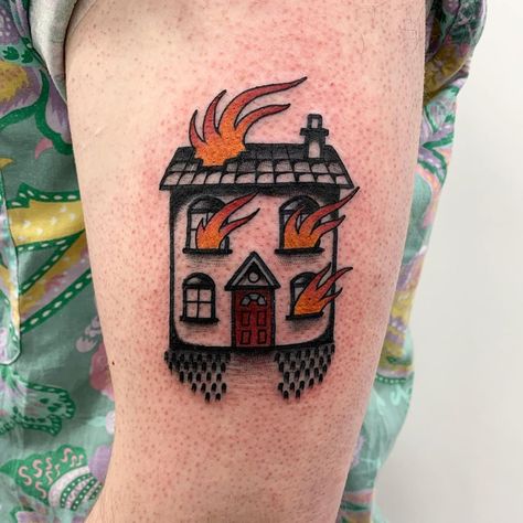 House On Fire Tattoo, Simpsons Tattoo Ideas, Crucifix Tattoo, Church Tattoo, Simpsons Tattoo, House Tattoo, Best Tattoo Ever, Burning House, Fire Tattoo