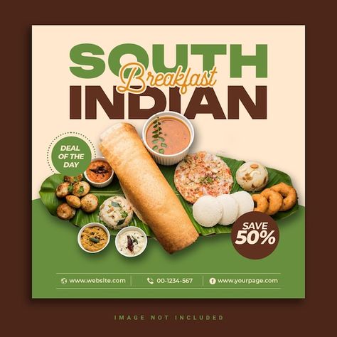 PSD special south indian delicious food ... | Premium Psd #Freepik #psd South Indian Food Social Media Post, South Indian Food Creative Ads, Breakfast Poster Design, Indian Cafe, South Indian Snacks, Meal Breakfast, Food Social Media, Food Mockup, Geometric Bird