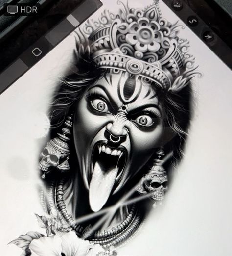 Kali Maa Tattoo Design, Kali Tattoo Stencil, Kali Mata Tattoo Designs, Maa Kali Tattoo Design, Indian Gods Shiva, Kali Mata Tattoo, Maa Kali Tattoo, Durga Tattoo, Bholenath Tattoo