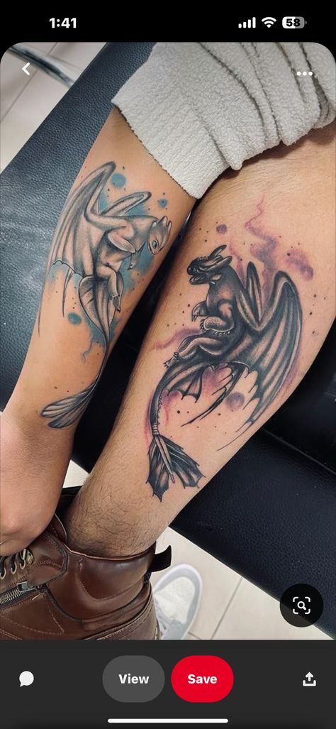 Couple Tattoos How To Train Your Dragon, Toothless Couple Tattoo, Dragon Couples Tattoos, His And Her Dragon Tattoo Ideas, Toothless Matching Tattoo, Night Fury And Light Fury Tattoo, How To Train Your Dragon Tattoo Couple, Httyd Matching Tattoos, Matching Tattoos Dragon