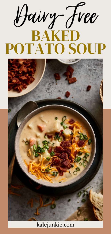 Healthy Baked Potato Soup, Healthy Baked Potato, Crockpot Dairy Free, Dairy Free Potato Soup, Dairy Free Soup Recipe, Gluten Free Dairy Free Dinner, Recipe For Fall, Dairy Free Recipes Dinner, Cozy Soup