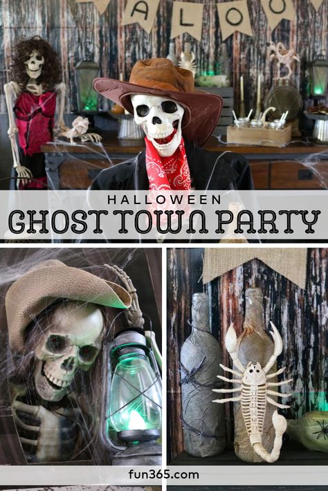 Ghost Town Halloween Party, Haunted Western Halloween, Haunted Saloon Halloween, Ghost Town Halloween Decor, Halloween Hoedown Party, Wild West Halloween Decorations, Skeleton Themed Halloween Party, Wild West Halloween Party, Western Halloween Party