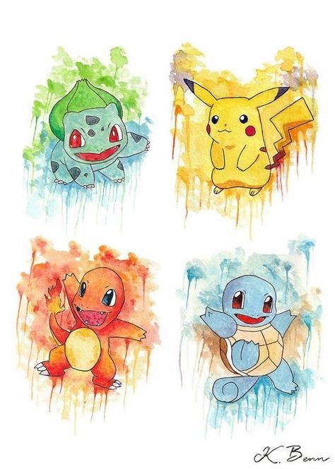 Starter Pokemon Art, Pokemon Watercolor, Painting Pokemon, Anime Pikachu, Pikachu Tattoo, Starter Pokemon, Pikachu Drawing, Custom Pokemon, Pokemon Painting