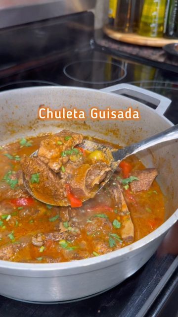 Michelle Disla on Instagram: "true life: I prefer chuleta guisada over fried chuletas 😩🫢

Ingredients:
2 lbs bone-in pork chops
2 tbsp garlic powder
3 tbsp sofrito
1 tbsp oregano
2 tsp black pepper
1 tbsp all purpose seasoning
2 tbsp soy sauce
1 small red onion
2 tbsp achiote oil (or any vegetable oil)
4 cups water
½ red bell pepper
½ green bell pepper
1 tbsp olives
2 tbsp tomato paste
½ chicken bouillon cube
Cilantro

#bigmamacooks #chuletas #porkchops" Chuleta Frita Puerto Rico, Chuletas Guisadas Puerto Rico, Achiote Oil, Bone In Pork Chops, Chicken Bouillon, Green Bell Pepper, All Purpose Seasoning, Bouillon Cube, Green Bell Peppers