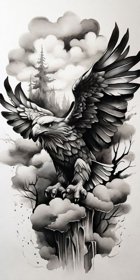 Black And Grey Forest Tattoo, Realistic Eagle Tattoo Design, Eagle Tattoo Forearm, Forest Tattoo Design, Eagle Shoulder Tattoo, Eagle Tattoo Design, Eagle Chest Tattoo, Bird Tattoos Arm, Bats Tattoo Design