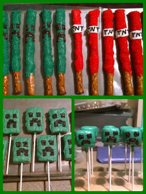 Minecraft pretzels, rice krispie pops and cake pops! Minecraft Cake Pops, Minecraft Birthday Party Games, Rice Krispie Pops, Minecraft Birthday Decorations, Diy Minecraft Birthday Party, Minecraft Party Decorations, Minecraft Birthday Cake, 7th Birthday Party Ideas, Nerf Birthday Party