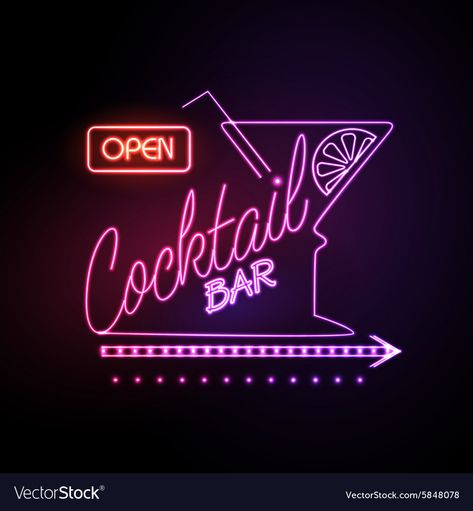 Cocktail Bar Neon Sign, Neon Signs For Bar, Cocktail Neon Sign, Neon Bar Design, Bar Logo Design Ideas, Cocktail Bar Logo, Bar Logo Design, Bar Images, Bar Illustration