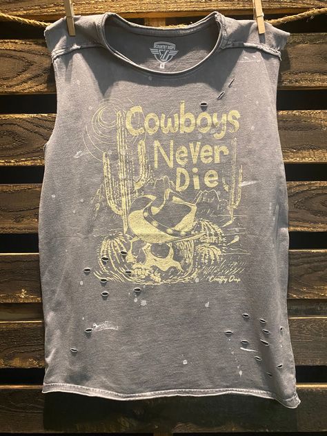 Country Deep Cowboys Never Die distressed acid wash with splatter detail muscle tank top available in faded black Bleach Dye Patterns, Bleach Dye Techniques, Business Women Dress, Business Dress Women, Badass Outfit, Muscle Tank Top, Bleach Dye, Muscle Shirts, Muscle Tank Tops