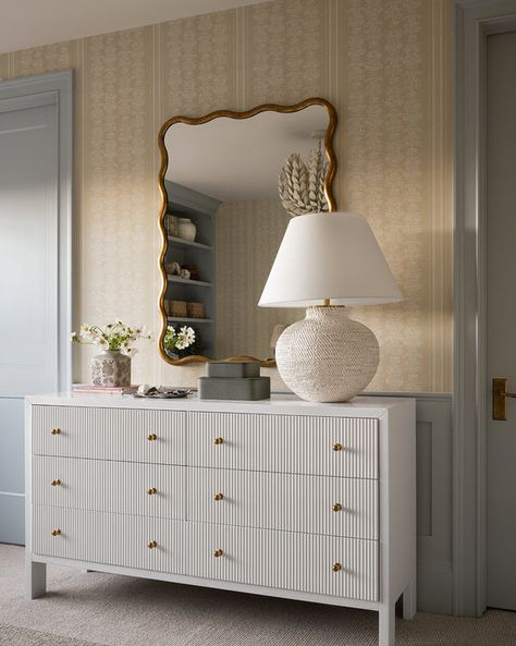 Cream Bedroom Walls, Mcgee And Co Bedroom, Fluted Dresser, Bedroom Dresser Mirror, The Mcgee Home, Mcgee Home, Home Refresh, Media Table, Rattan Lamp