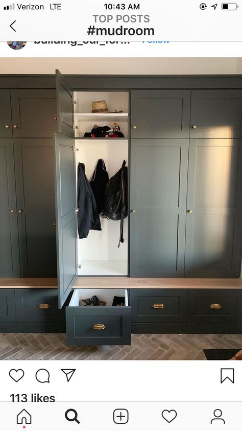 Mudroom Builtins With Doors, Long Hallway Mudroom Ideas, End Of Hall Closet, Combined Mudroom And Laundry Room, Black Cabinet Mudroom, Iron Ore Mudroom Lockers, Mudroom Room Ideas, Backpack Cabinet, Laundry Room Lockers