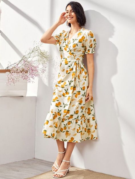 Lemon Print Tie Side Wrap Ruffle Hem Dress | SHEIN USA Ruffle Wrap Dress, Lemon Dress, Lemon Print, Ruffle Hem Dress, Printed Ties, Hem Dress, Cami Dress, Women Dresses, V Neck Dress