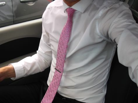 Crisp white shirt with pink tie and tie bar. Pink Tie Outfit Men, White Tux Pink Tie, Pink Shirt With Tie, Pink Tie, Prom Guys Outfits, Shirt And Tie Outfits, Neck Tie Outfit, Elegant Pink Standard Tie And Accessories, Tie Outfits Men