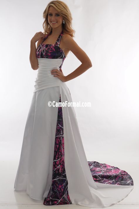 Camo and Satin Bridal Gown with Camo Train  Halter  gown with a shirred waist accent featuring a side insert and camo full back inserted train.  Pictured in White Matte Satin and Moon Shine Muddy Girl. Available in many satin colors and all camo patterns in sizes 2-30. Made in the USA. Muddy Girl Camo Wedding, Camouflage Wedding Dresses, Camo Wedding Dress, Camo Wedding Dresses, Plus Size Bridal Gowns, Muddy Girl Camo, Camouflage Wedding, Muddy Girl, Plus Size Bridal