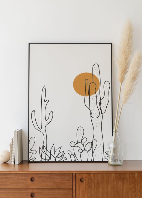 Cactus Line Art, Succulent Drawing, Minimalist Cactus, Drawing Room Decoration, Succulents Drawing, Succulent Painting, Line Art Digital, Plant Signs, Bedroom Upgrade