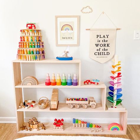 Oak & Ever on Instagram: “Finally a sunny bright morning here, makes this shelf look so cheery 🌞 . . . 🦋Want to W*I*N a toy or shop credit🦋 Comment on any posts…” Toy Room Ideas, Music Nursery, Magic Wood, Rainbow Marble, Rainbow Playroom, Colorful Playroom, Montessori Bedroom, Baby Playroom, Corner Ideas