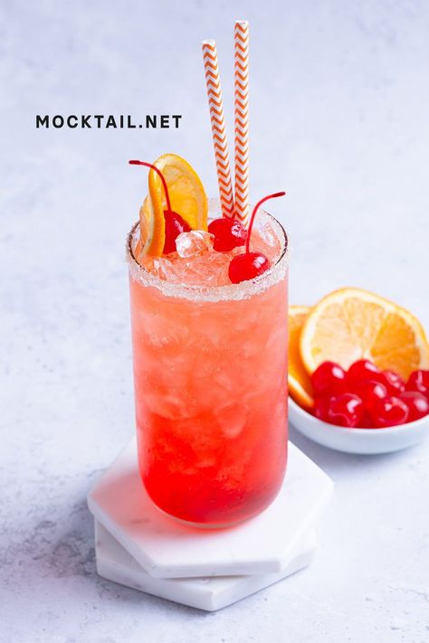 The most popular Shirley Temple mixed drink recipe, it's a classic non-alcoholic drink made with orange soda, cream soda and grenadine syrup that has been popular by kids for decades. The Shirley Temple is a fun and fancy old-fashioned drink and probably the most famous mocktail ever. The Shirley Temple are the best mocktails for kids, expectant moms, non-drinkers or anyone who likes a sweet and tangy drink without alcohol at a party. They are super easy to make. Virgin Mocktail, Non Alcoholic Mocktail, Shirley Temple Mocktail, Mocktail Drink, Cherry Recipe, Shirley Temple Drink, Grenadine Syrup, Easy Mocktails, Mocktail Drinks