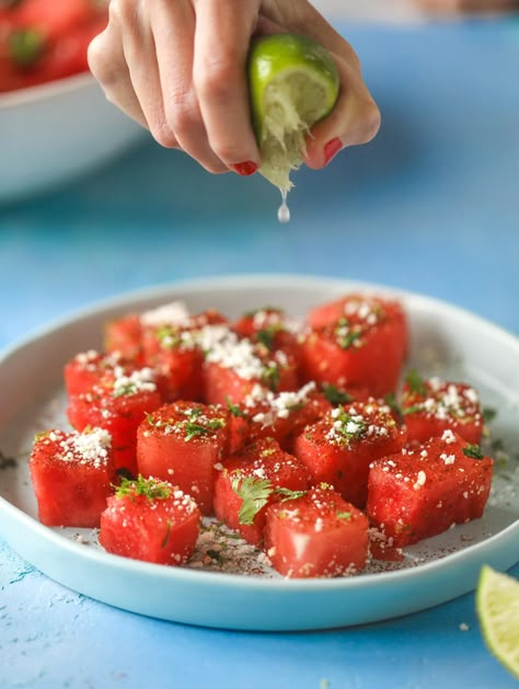 This chili lime watermelon is the perfect summer snack! It's savory and sweet with crumbled cotija cheese and lots of lime. Delish! Watermelon Snack, Easy Eat, Cotija Cheese, Mexican Foods, Watermelon Salad, Dinner Side Dishes, Watermelon Recipes, Spring Salad, Party Food And Drinks