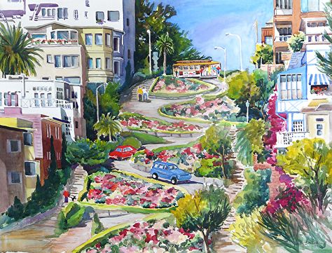 Lombard Street, San Francisco San Francisco Lombard Street, San Francisco Illustration Art, Watercolor San Francisco, San Francisco Drawing, San Francisco Artwork, San Francisco Painting, Golden Gate Bridge Painting, Lombard Street San Francisco, Lockdown Art