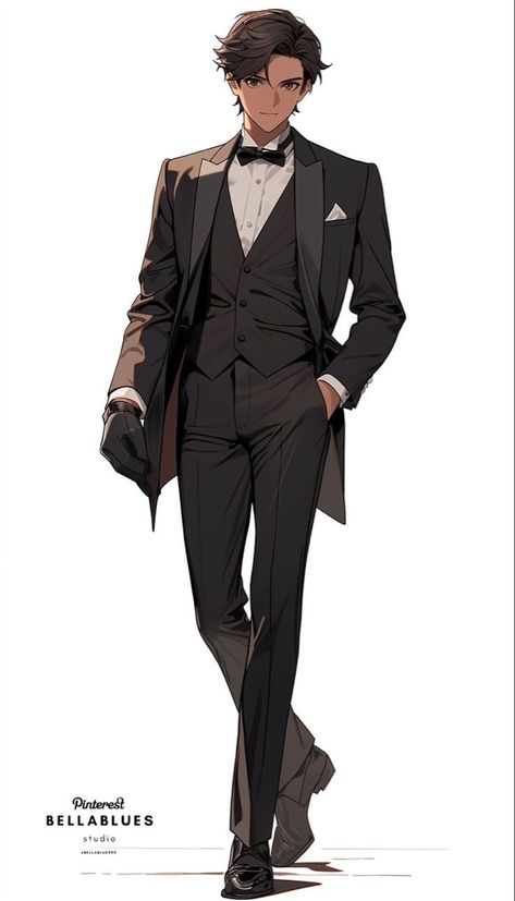 Anime Guys In Suits And Tie, Man In Tuxedo Drawing, Tuxedo Reference Drawing, Anime Man In A Suit, Tuxedo Character Design, Elegant Character Design Male, Man In Tuxedo Aesthetic, Suit Man Drawing, Anime In Suit