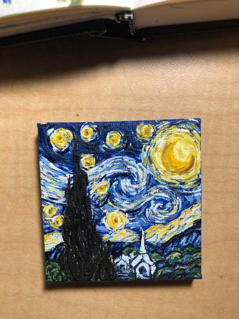 Acrylic Van Gogh mini canvas painting Starry Night Small Canvas, Van Gogh Canvas Painting, Mini Van Gogh Painting, Mini Starry Night Painting, Small Paintings Acrylic, Starry Night Mini Canvas, Mini Painting Acrylic, Mini Paintings Ideas Aesthetic, Mini Paintings Aesthetic