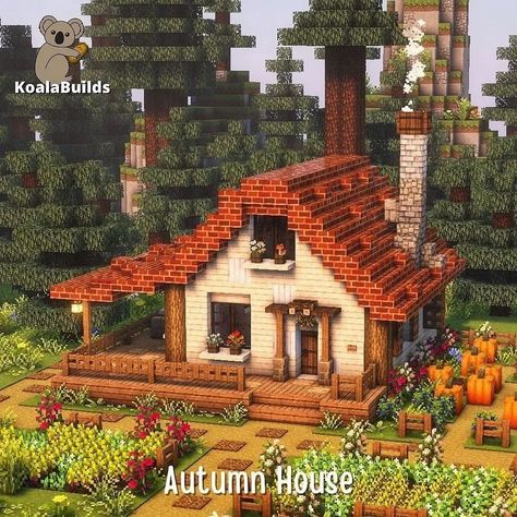 Minecraft Building Ideas Wood, Cobblestone Cottage Minecraft, House With Porch Minecraft, Cute Fall Minecraft Houses, Minecraft Fall Cottage, Minecraft House With Chimney, Tiny Homes Minecraft, Practical Minecraft House, Minecraft Woods House