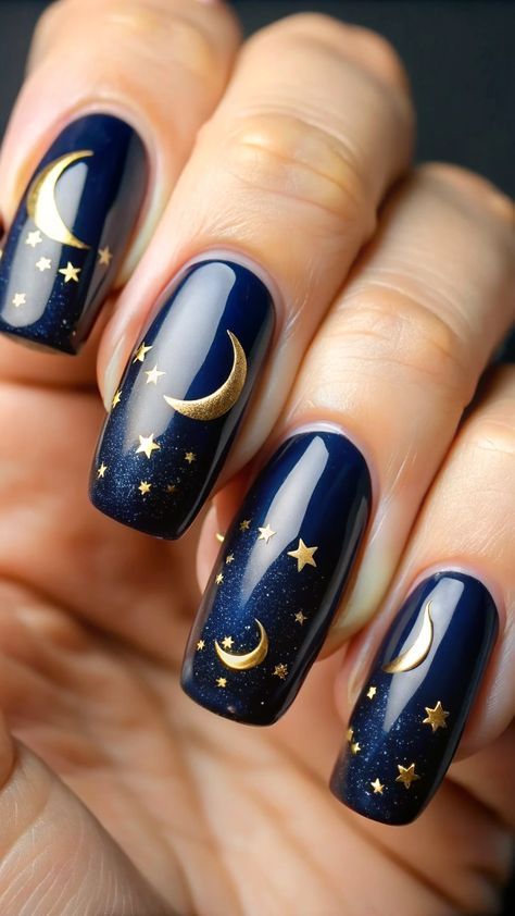 Navy And Gold Manicure, Moon Stars Nail Art, Navy Celestial Nails, Celestial Gel Nails, Gold And Dark Blue Nails, Blue November Nails, Navy Blue Nails With Stars, Navy Nails With Stars, Navy Blue And Gold Nail Designs