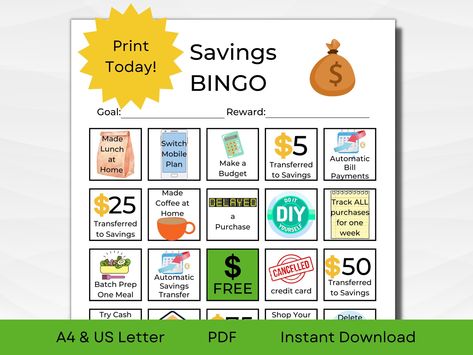 BINGO Savings Game | Fun Ways to Save Money | Savings Games | Money Saving Challenge | A4 & US Letter | PDF Instant Download Savings Bingo, Fun Ways To Save Money, 2024 Planning, Free Printable Bingo Cards, Bingo Online, Free Bingo Cards, Online Roulette, Bingo Template, Free Credit Card