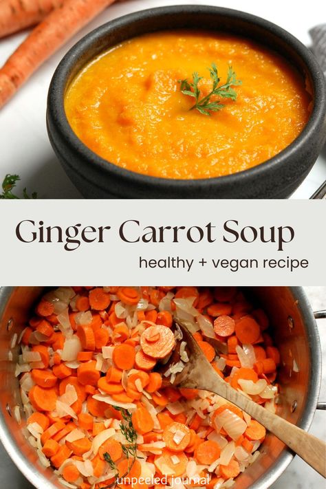 Carrot soup is the ultimate bright, healthy soup for cold-weather days. This vegan carrot ginger soup recipe is only a few ingredients, but big on flavor. This fall soup is great for dinner and winter meals. Vegan soup recipes never tasted so good. #carrotsoup #carrotsouprecipes #fallsoups #vegan #healthyrecipe #souprecipe #carrotgingersoup via @unpeeledjournal Roasted Carrot Ginger Soup Recipe, Vegan Richa Recipes, Vegan Carrot Ginger Soup, Carrot Soup Instant Pot, Carrot Ginger Soup Recipe, Meals Vegan, Carrot Soup Recipes, Carrot Ginger Soup, Breakfast Soup