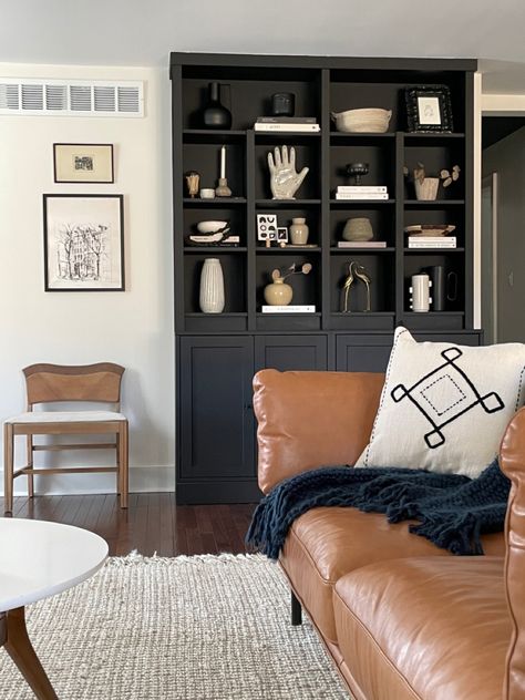 Bookshelves Flanking Tv, Big Bookcase Living Room, Ikea Billy Bookcase Black, Black Billy Bookcase, Black Built In Bookcase, Billy Bookcase Black, Black Built Ins Living Room, Ikea Built In Hack, Built In Hack